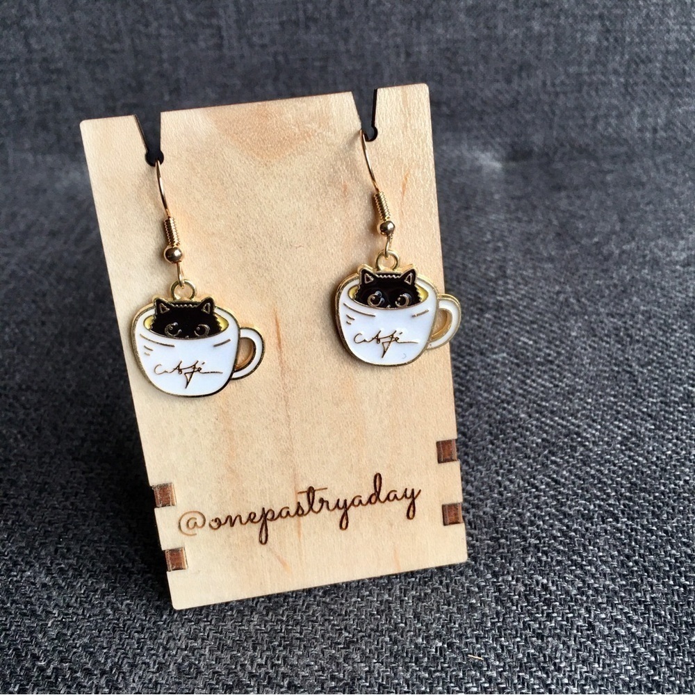 Cat in Coffee Cup Kawaii Style Dangle Earrings, Black, Gold